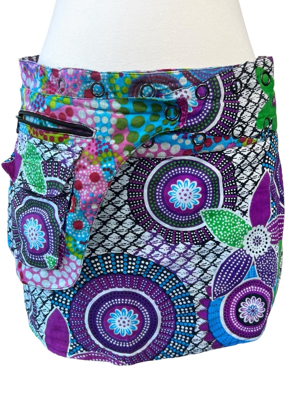 Jei Colori reversible snap wrap hippie skirt with a detachable pouch